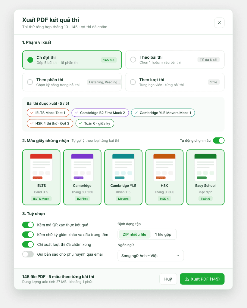 Hộp thoại xuất PDF kết quả thi và mẫu giấy chứng nhận trên Easy School