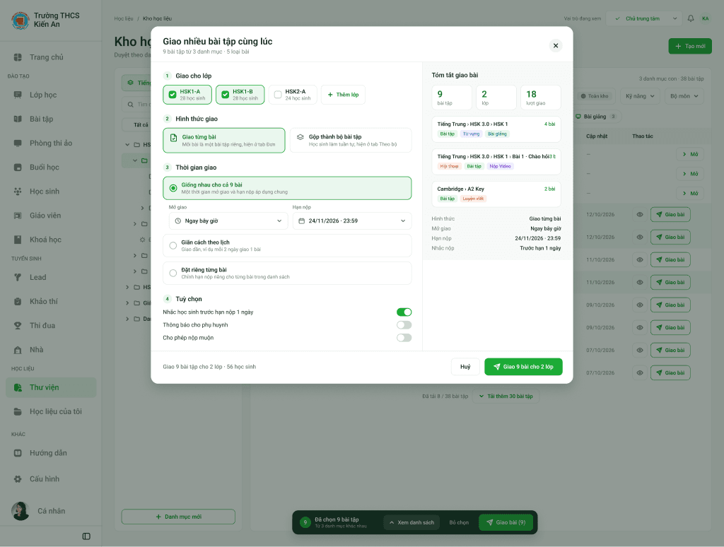 Màn hình giao nhiều bài tập cùng lúc trên Easy School