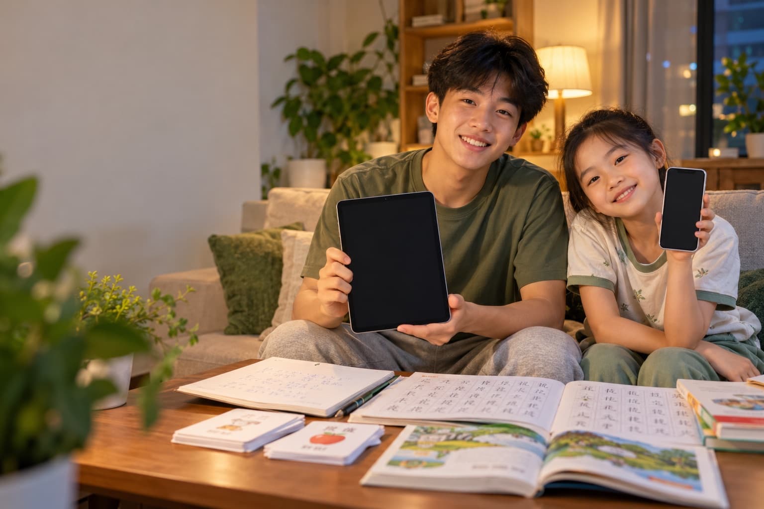 Hai anh em học nhiều môn trên tablet và điện thoại ở nhà
