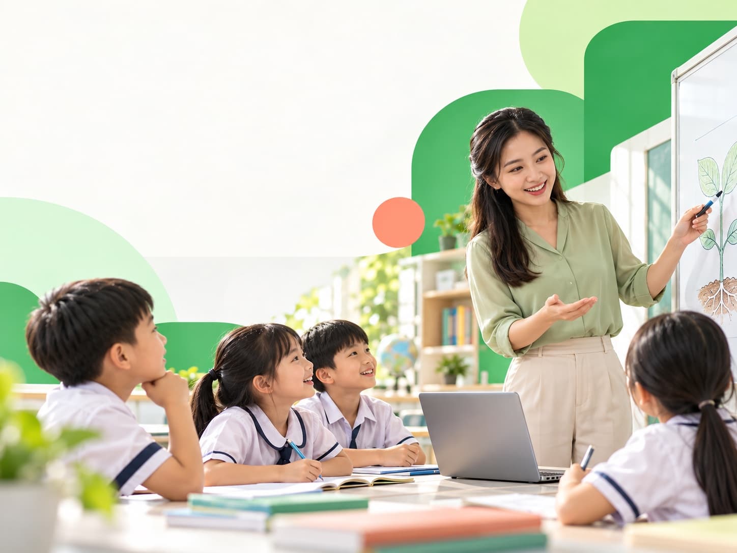 Giáo viên sử dụng máy tính khi giảng bài cho học sinh trong lớp.